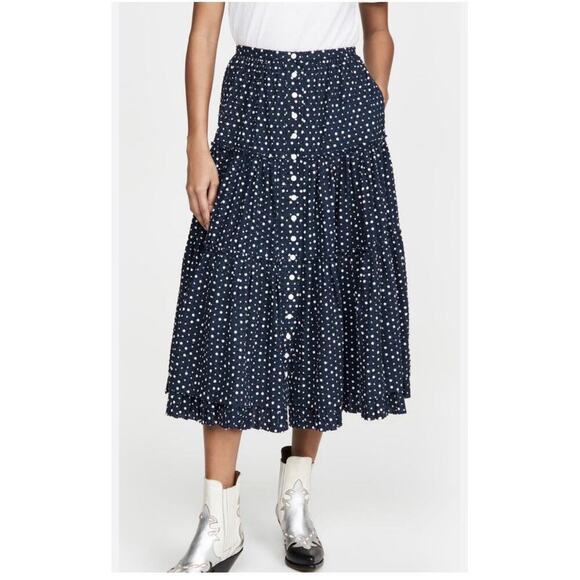 MARC JACOBS The Polka Dot Midi Prairie Skirt Tiered Midi In Navy Women's Size 16 - Picture 1 of 10